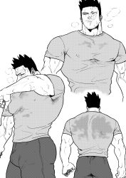 Rule 34 | 1boy, ass, back, bara, boku no hero academia, breath, casual, collage, covered erect nipples, cropped torso, endeavor (boku no hero academia), facial hair, from behind, greyscale, highres, large pectorals, male focus, mature male, monochrome, p (pppppppppq), pants, pectorals, shirt, spiked hair, stubble, sweat, wet, wet clothes, wet shirt, wiping sweat