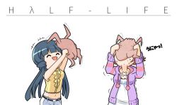 Rule 34 | +++, 2girls, :d, ^ ^, afterimage, belt, blue hair, brown hair, closed eyes, commentary request, copyright name, crossover, drawstring, half-life, half-life (series), headcrab, holding, hood, hoodie, idolmaster, idolmaster million live!, idolmaster million live! theater days, kitakami reika, long hair, low twintails, multiple girls, navel, nillis, nonohara akane, open clothes, open hoodie, open mouth, outstretched arms, shirt, short hair, sleeveless, sleeveless shirt, smile, sweater, trembling, twintails, very long hair, white background, yellow shirt