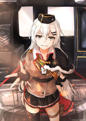 Rule 34 | 1girl, absurdres, aircraft, asymmetrical legwear, black skirt, black thighhighs, breasts, collarbone, cowboy shot, fingerless gloves, girls&#039; frontline, gloves, grey eyes, grey hair, griffin &amp; kryuger, grifon &amp; kryuger, hair between eyes, hair ornament, hairclip, hand on own hip, hat, helicopter, highres, holster, id card, long hair, long sleeves, looking at viewer, medal, miniskirt, muteppona hito, open hand, parted lips, pleated skirt, skirt, smile, solo, standing, svd (girls&#039; frontline), teeth, thigh holster, thighhighs, uh-60 blackhawk, uneven legwear, weapon case