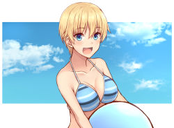 Rule 34 | 1girl, ball, beachball, bikini, blonde hair, blue eyes, brave witches, breasts, cleavage, cloud, day, looking at viewer, momiji7728, nikka edvardine katajainen, open mouth, short hair, sky, solo, striped bikini, striped bikini top, striped clothes, swimsuit, world witches series