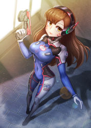 Rule 34 | 1girl, absurdres, animal print, armor, bad id, bad pixiv id, bodysuit, boots, bracer, breasts, brown eyes, brown hair, closed mouth, contrapposto, covered navel, d.va (overwatch), emblem, eyebrows, facepaint, facial mark, finger on trigger, full body, gloves, gui ss, gun, hand up, handgun, headphones, highres, holding, holding gun, holding weapon, impossible clothes, lips, lipstick, logo, long hair, long sleeves, looking at viewer, makeup, mecha, medium breasts, overwatch, overwatch 1, pauldrons, pilot suit, pink lips, rabbit print, ribbed bodysuit, robot, shoulder armor, shoulder pads, skin tight, smile, solo, standing, thigh boots, thigh strap, thighhighs, turtleneck, weapon, whisker markings, white footwear, white gloves