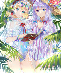 Rule 34 | 2girls, adapted costume, alice margatroid, alternate headwear, bad id, bad pixiv id, bead necklace, beads, blonde hair, blue eyes, blue nails, blue one-piece swimsuit, blue ribbon, book, breasts, capelet, character name, chinese commentary, choker, collarbone, commentary request, covered navel, cowboy shot, ekita kuro, eyewear on head, frilled capelet, frilled hairband, frills, gem, hair between eyes, hair bun, hair ribbon, hairband, hat, highres, holding, holding book, jewelry, looking at viewer, medium breasts, multiple girls, nail polish, necklace, one-piece swimsuit, parted lips, patchouli knowledge, plant, purple eyes, purple hair, purple one-piece swimsuit, red hairband, red ribbon, ribbon, see-through, short hair, single hair bun, standing, striped clothes, striped one-piece swimsuit, sun hat, swimsuit, thighs, touhou, vertical-striped clothes, vertical-striped one-piece swimsuit, water, white choker