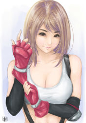 Rule 34 | 1990s (style), 1girl, absurdres, bad id, bad pixiv id, breasts, brown eyes, brown hair, collarbone, final fantasy, final fantasy vii, fingerless gloves, gloves, gradient background, highres, large breasts, long hair, looking at viewer, purple background, putting on gloves, retro artstyle, sketch, solo, suspenders, sweetsoupman, tank top, tifa lockhart, upper body