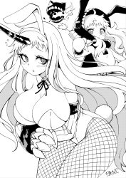 Rule 34 | 10s, 2girls, abyssal ship, animal ears, animal hat, blush, breasts, rabbit ears, rabbit tail, carrot, claws, cleavage, creature, detached collar, fake animal ears, fishnet pantyhose, fishnets, flat chest, greyscale, hat, highres, horns, huge breasts, kantai collection, long hair, mittens, monochrome, multiple girls, northern ocean princess, pantyhose, pas (paxiti), playboy bunny, seaport princess, single horn, tail