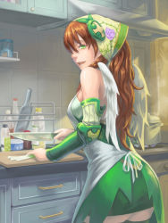 Rule 34 | 1girl, adapted costume, alternate color, apron, brown hair, food, green eyes, green valkyrie (p&amp;d), knife, long hair, puzzle &amp; dragons, scotishfold, thighhighs, valkyrie (p&amp;d), vegetable, wings, wood valkyrie (p&amp;d)