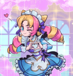 Rule 34 | 1girl, ;), blonde hair, blush, bow, breasts, cafe cuties (league of legends), cafe cuties gwen, cone hair bun, dress, drill hair, gwen (league of legends), hair bow, hair bun, heart, heart hands, league of legends, leaning forward, long hair, long sleeves, looking at viewer, maid, maid headdress, multicolored background, multicolored hair, one eye closed, parted bangs, phantom ix row, pink hair, small breasts, smile, solo, standing, twin drills, twintails, two-tone hair, window