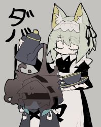 Rule 34 | 1girl, 1other, alternate costume, animal ear fluff, animal ears, apron, arknights, text background, black dress, black jacket, closed eyes, closed mouth, coffee pot, cup, doctor (arknights), dress, enmaided, frilled apron, frills, grey background, highres, holding, hood, hood up, hooded jacket, jacket, juliet sleeves, kal&#039;tsit (arknights), kdmr0402, long sleeves, maid, maid apron, pouring, puffy sleeves, saucer, shirt, simple background, thick eyebrows, translation request, white apron, white shirt