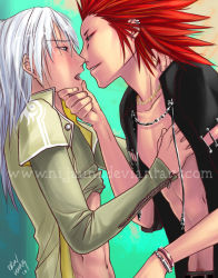 Rule 34 | 2boys, axel, blouse, clothes lift, earrings, jewelry, kingdom hearts, male focus, multiple boys, open clothes, open shirt, red hair, riku (kingdom hearts), shirt, shirt lift, silver hair, tagme, undressing, yaoi