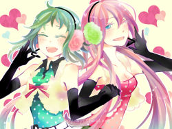 Rule 34 | 2girls, dress, elbow gloves, gloves, green hair, gumi, happy synthesizer (vocaloid), headphones, headset, inami eno, long hair, megurine luka, multiple girls, pink hair, short hair, smile, vocaloid
