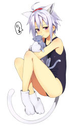 Rule 34 | 1girl, ahoge, animal ears, animal hands, blush, cat, cat ears, cat tail, full body, hairband, hug, kinta (distortion), legs together, light purple hair, one-piece swimsuit, original, parted lips, paw shoes, purple eyes, school swimsuit, short hair with long locks, sidelocks, simple background, solo, speech bubble, spiked hair, swimsuit, tail, thighs, white background