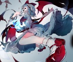 Rule 34 | 1girl, bat wings, blue hair, bow, dress, fang, frilled skirt, frills, from below, full body, hat, highres, ikurauni, mob cap, open mouth, puffy short sleeves, puffy sleeves, red bow, red eyes, red footwear, red ribbon, remilia scarlet, ribbon, ribbon trim, short hair, short sleeves, skirt, smile, socks, solo, touhou, wings
