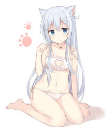 Rule 34 | 10s, 1girl, absurdres, animal ears, bare shoulders, bell, neck bell, blue eyes, blush, bra, breasts, cat ears, cat lingerie, cleavage cutout, clothing cutout, collar, full body, hibiki (kancolle), highres, huwari (dnwls3010), jingle bell, kantai collection, kemonomimi mode, kneeling, long hair, looking at viewer, meme attire, navel, panties, parted lips, side-tie panties, silver hair, sitting, small breasts, solo, underwear