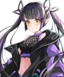 Rule 34 | 1girl, black hair, black shirt, blouse, blunt bangs, blush, bow, breasts, cleavage, commentary request, cowboy shot, crop top, demon girl, demon horns, heart, heart print, highres, horns, jacket, kojo anna, kojo anna (1st costume), long hair, long sleeves, looking at viewer, medium breasts, midriff, multicolored hair, nanashi inc., navel, off shoulder, open clothes, open jacket, open mouth, pointy ears, purple bow, purple hair, see-through, see-through cleavage, see-through shirt, shirana tamana, shirt, simple background, sleeveless, sleeveless shirt, solo, sugar lyric, twintails, two-tone hair, virtual youtuber, white background, yellow eyes