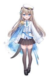 Rule 34 | 1girl, :d, animal ears, black footwear, black skirt, blue cape, blue eyes, blue necktie, blush, braid, brown hair, brown thighhighs, cape, center frills, collared shirt, commentary request, epaulettes, frills, full body, gloves, hat, highres, indie virtual youtuber, jacket, long hair, long sleeves, looking at viewer, lutra lutra, mole, mole under eye, necktie, official art, open mouth, peaked cap, pleated skirt, sheath, shiodome oji, shirt, shoes, side cape, simple background, single epaulette, skirt, smile, solo, standing, tail, thighhighs, very long hair, virtual youtuber, white background, white gloves, white hat, white jacket, white shirt, wide sleeves