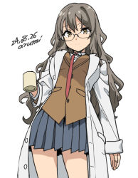 1girl baba_arumi brown_eyes brown_jacket coat dated futaba_rio grey_hair grey_skirt jacket lab_coat long_hair looking_at_viewer necktie open_clothes open_coat pleated_skirt red_necktie school_uniform seishun_buta_yarou semi-rimless_eyewear shirt signature simple_background skirt solo standing white_background white_coat white_shirt