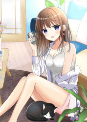 Rule 34 | 1girl, :d, animal, bare shoulders, beer can, blurry, blurry foreground, blush, breasts, brown hair, camisole, can, cat, cleavage, collared shirt, commentary request, couch, detached sleeves, dress shirt, drink can, earrings, feet out of frame, flower, hair between eyes, head tilt, heart, heart earrings, highres, holding, holding can, indoors, jewelry, long hair, looking at viewer, medium breasts, on floor, open clothes, open mouth, open shirt, original, pink flower, pink shorts, purple eyes, ryoutan, shirt, short shorts, shorts, sitting, smile, solo, table, white camisole, white flower, white shirt, wooden floor
