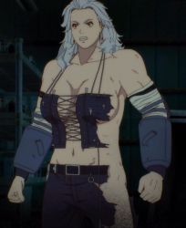 Rule 34 | 1girl, breasts, cleavage, dorohedoro, exploding clothes, muscular, muscular female, noi (dorohedoro), screencap, silver hair, torn clothes, white background