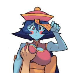 Rule 34 | 1girl, blue hair, blue skin, breasts, cleavage, cleavage cutout, clothing cutout, colored skin, deep skin, grabbing, grabbing another&#039;s breast, hat, highres, jiangshi, karu 184, large breasts, lei lei, monster girl, ofuda, short hair, sleeveless, talisman, undead, upper body, vampire (game)
