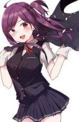 Rule 34 | 10s, 1girl, absurdres, ahoge, gloves, hagikaze (kancolle), highres, kantai collection, long hair, looking at viewer, oomori (kswmr), open mouth, pleated skirt, purple eyes, purple hair, red ribbon, ribbon, school uniform, side ponytail, skirt, smile, solo, vest, white gloves
