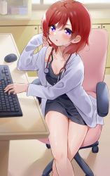Rule 34 | 1girl, :o, black dress, blush, breasts, cleavage, collarbone, crossed legs, dress, feet out of frame, hand on own cheek, hand on own face, hinami riku, indoors, keyboard (computer), lab coat, long sleeves, looking at viewer, love live!, mouse (computer), nishikino maki, open clothes, open mouth, purple eyes, red hair, short dress, short hair, sitting, small breasts, solo, stethoscope, swept bangs, table