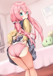 Rule 34 | 1girl, arched back, arms at sides, arms behind back, bed, blue eyes, blurry, blurry background, blush, clothes lift, cowboy shot, curtains, dutch angle, from behind, hair ornament, hair scrunchie, highres, indoors, kagamihara nadeshiko, leaning forward, lifting own clothes, long hair, looking at viewer, looking back, mochiyuki, panties, panty pull, pillow, pink hair, plaid, plaid panties, sailor collar, school uniform, scrunchie, serafuku, skirt, skirt lift, solo, twintails, twisted neck, underwear, yurucamp