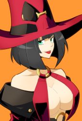 Rule 34 | 1girl, bare shoulders, black choker, black hair, bob cut, breasts, choker, cleavage, green eyes, guilty gear, hat, i-no, large breasts, looking at viewer, mole, mole above mouth, mole under eye, o-ring, o-ring top, open mouth, orange background, parted lips, piko (osso), red lips, short hair, simple background, solo, upper body, witch, witch hat