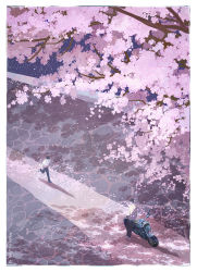 Rule 34 | 2boys, artist name, black hair, black pants, border, cherry blossoms, copyright request, flower, from above, highres, morncolour, motor vehicle, motorcycle, multiple boys, pants, pink flower, running, scenery, shadow, shirt, shoes, short hair, tree, white border, white shirt