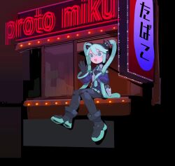 Rule 34 | 1girl, absurdres, black footwear, black skirt, blue eyes, blue hair, blue necktie, boots, bright pupils, cable hair, character name, cheri zao, crop top, detached sleeves, full body, hatsune miku, highres, long hair, necktie, open mouth, red theme, robot girl, see-through, see-through sleeves, sitting, skirt, solo, triangle mouth, twintails, very long hair, vocaloid, waving