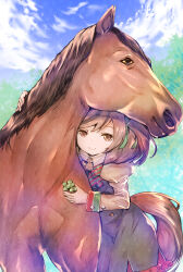 Rule 34 | 1girl, 1other, animal ears, brown hair, clover, clover (flower), creature and personification, flower, highres, horse, horse ears, horse girl, horse tail, nice nature (racehorse), nice nature (umamusume), plant, tail, umamusume