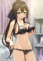Rule 34 | 1girl, assault lily, bare arms, bare shoulders, bed, black bow, black bra, black panties, blurry, blurry background, book, bow, bra, breast lift, breasts, brown hair, cleavage, collarbone, commentary request, cowboy shot, crossed bangs, curtains, frilled bra, frilled panties, frills, green eyes, hair between eyes, hair bow, hand up, indoors, large breasts, light blush, long hair, looking away, navel, panties, parted lips, picture frame, ponytail, qub dlfr, serizawa chikaru, shelf, sidelocks, solo, standing, stomach, stuffed animal, stuffed rabbit, stuffed toy, underwear, underwear only, very long hair