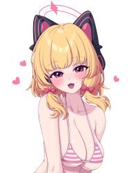 Rule 34 | 1girl, :d, absurdres, alternate breast size, animal ear headphones, animal ears, bikini, blonde hair, blue archive, blush, breasts, cat ear headphones, cleavage, dated commentary, fake animal ears, halo, headphones, heart, highres, large breasts, looking at viewer, metaljelly, momoi (blue archive), open mouth, pink eyes, simple background, smile, solo, striped bikini, striped clothes, swimsuit, white background