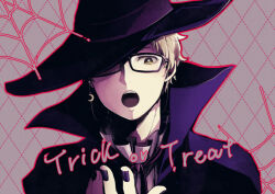 Rule 34 | 1boy, black nails, blonde hair, brown eyes, crescent, crescent earrings, earrings, glasses, haikyuu!!, halloween, hat, jewelry, looking at viewer, male focus, nail polish, open mouth, short hair, single earring, solo, teeth, trick or treat, tsukishima kei, upper body, upper teeth only, wai, witch hat