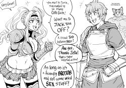 Rule 34 | +++, 1girl, 1koma, 2boys, absurdres, arm behind back, armor, arms at sides, bb (baalbuddy), belt, breastplate, breasts, cleavage, comic, commentary, english commentary, english text, friends, gauntlets, gran (granblue fantasy), granblue fantasy, greyscale, handjob gesture, headband, highres, hood, hood down, large breasts, leaning forward, long hair, looking at another, midriff, monochrome, motion lines, multiple boys, muscular, muscular male, navel, open mouth, pectorals, short hair, short shorts, shorts, shoulder armor, smile, stomach, thighhighs, turtleneck, twintails, vest, vyrn (granblue fantasy), zeta (granblue fantasy)
