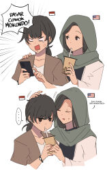 2girls absurdres anger_vein angry bubble_tea cellphone commentary crying crying_with_eyes_open drinking drinking_straw earrings headpat highres hijab hinagi_(fox_priest) indonesian_flag indonesian_text japan-korea_yuri_(meme) jewelry malay_text malaysian_flag meme multiple_girls original phone simple_background sweatdrop symbol-only_commentary tears translation_request white_background