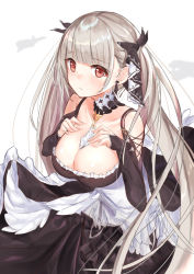 Rule 34 | 1girl, azur lane, black dress, blush, breast suppress, breasts, cleavage, dress, earrings, formidable (azur lane), frilled dress, frills, grey hair, hair ornament, jewelry, large breasts, long hair, looking at viewer, low twintails, no name nonem, red eyes, ribbon, solo, twintails