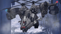 Rule 34 | aircraft, armored core, armored core 6, helicopter, highres, missile pod, no humans, ruins, sky, smoke, solo, vehicle, vehicle focus