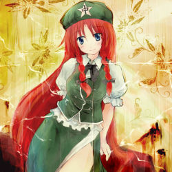 Rule 34 | 1girl, arm behind back, blue eyes, blush, bow, braid, china dress, chinese clothes, collared shirt, dress, embodiment of scarlet devil, female focus, hair bow, hat, hong meiling, long hair, photo (object), red hair, shirt, smile, solo, star (symbol), touhou, twin braids, very long hair
