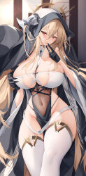 Rule 34 | 1girl, azur lane, bare shoulders, black gloves, blonde hair, breasts, cleavage, fake horns, gloves, grabbing own breast, habit, hair between eyes, highres, horns, implacable (azur lane), large breasts, long bangs, long hair, looking at viewer, nun, o-yatsu, pelvic curtain, red eyes, revealing clothes, solo, thighhighs, veil, very long hair, white horns, white thighhighs