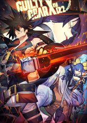 Rule 34 | 2boys, 2girls, abs, arc system works, belt, black hair, black legwear, blue hair, breasts, brown hair, choker, cleavage, commentary, copyright name, cue stick, dizzy (guilty gear), fire, guilty gear, guilty gear xrd, hair between eyes, hair over one eye, hat, headband, highres, i-no, kazeto, large breasts, long hair, multiple boys, multiple girls, necro (guilty gear), ponytail, red eyes, short hair, sol badguy, thigh gap, thigh strap, twitter username, undine (guilty gear), venom (guilty gear), white hair, witch hat, yellow eyes