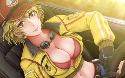Rule 34 | 10s, 1girl, blonde hair, bra, breasts, car, car seat, cidney aurum, cleavage, cropped jacket, driving, final fantasy, final fantasy xv, gloves, goggles, goggles around neck, green eyes, hat, highres, horiishi horuto, large breasts, looking at viewer, midriff, motor vehicle, navel, short hair, smile, solo, sunlight, underwear