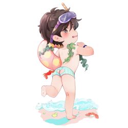 Rule 34 | 1boy, ass, ass cutout, back, banana fish, barefoot, beach, blue swim trunks, blush, bracelet, brown eyes, brown hair, carrying, carrying under arm, clothing cutout, crab, full body, goggles, goggles on head, highres, inflatable toy, jewelry, looking back, male focus, male swimwear, okumura eiji, open mouth, running, seaweed, shell, short hair, simple background, solo, sweatdrop, swim goggles, topless male, vidave1, white background