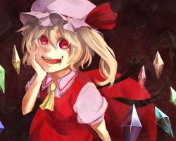 Rule 34 | 1girl, ascot, bad id, bad pixiv id, blonde hair, blood, bow, crazy eyes, crystal, dress, embodiment of scarlet devil, fang, female focus, flandre scarlet, gradient background, hand on own cheek, hand on own face, hat, hat bow, itirirenn, licking, red dress, red eyes, short hair, short sleeves, side ponytail, solo, tongue, touhou, wings