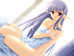 Rule 34 | 1girl, arm support, barefoot, blue hair, breasts, collarbone, covering privates, covering breasts, demon, game cg, indoors, large breasts, long hair, looking at viewer, nerine, nude, official art, on bed, open mouth, pointy ears, red eyes, shuffle!, sitting, smile, solo, very long hair