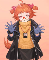 Rule 34 | 1girl, ahoge, arknights, beagle (arknights), black jacket, black skirt, blue gloves, brown background, closed mouth, commentary request, fengyin shici guozi, glasses, gloves, hair ornament, hairclip, hands up, highres, jacket, long sleeves, looking at viewer, open clothes, open jacket, orange hair, red-framed eyewear, red eyes, semi-rimless eyewear, simple background, skirt, smile, solo, sweater, tail, thick eyebrows, turtleneck, turtleneck sweater, under-rim eyewear, yellow sweater