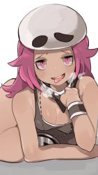 Rule 34 | 1girl, bandana, breasts, breath, cleavage, creatures (company), dark-skinned female, dark skin, game freak, hat, heavy breathing, jewelry, necklace, nintendo, npc trainer, open mouth, pink eyes, pink hair, pokemon, pokemon sm, simple background, small breasts, solo, tank top, team skull, team skull grunt, toi (toiot), tongue, tongue out