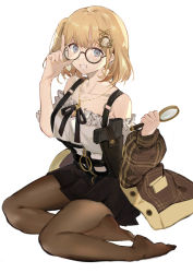 Rule 34 | 1girl, absurdres, bare shoulders, black-framed eyewear, blonde hair, blue eyes, casual, collarbone, commentary, cropped, earrings, fingernails, frilled shirt, frills, glasses, gradient background, grin, gun, hair ornament, hairclip, handgun, heart, heart earrings, highres, holding, holding magnifying glass, hololive, hololive english, holster, holstered, jacket, jewelry, key, key necklace, long fingernails, looking at viewer, magnifying glass, medium hair, monocle, nail polish, necklace, no shoes, off-shoulder shirt, off shoulder, one side up, pantyhose, plaid, pleated skirt, ponytail, round eyewear, shirt, short hair, shoulder holster, side ponytail, simple background, sitting, skirt, smile, solo, symbol-only commentary, tsuiru, virtual youtuber, watson amelia, watson amelia (street casual), weapon, white background, yellow nails, yokozuwari, zipper, zipper pull tab