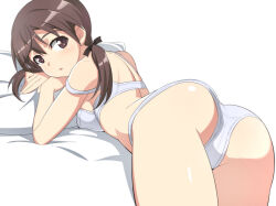 Rule 34 | 1girl, ass, blush, bra, breasts, brown eyes, brown hair, gertrud barkhorn, hair ribbon, large breasts, long hair, looking at viewer, looking back, nanashino, open mouth, panties, ribbon, simple background, solo, strike witches, twintails, underwear, white background, white bra, white panties, world witches series