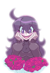 Rule 34 | 1girl, @ @, absurdres, ahoge, blush, creatures (company), flower, game freak, hairband, hands on own cheeks, hands on own face, happy, happy tears, hex maniac (pokemon), highres, nail polish, nevarky, nintendo, npc trainer, pokemon, pokemon xy, purple eyes, purple hair, simple background, smile, solo, tears, white background