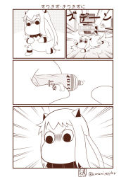 Rule 34 | 10s, 1girl, ^^^, abyssal ship, angry, bottle, brand name imitation, collar, comic, commentary request, computer, controller, dualshock, falling, female focus, game console, game controller, gamepad, glaring, highres, horns, indoors, injury, kantai collection, kneeling, leaking, long hair, mittens, monochrome, moomin, muppo, northern ocean princess, ointment, playstation 4, playstation controller, sazanami konami, scraped knee, sidelocks, solo, tail, television, translation request, tripping, twitter username, very long hair