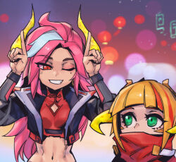 Rule 34 | 2girls, ;d, annie (league of legends), black jacket, blonde hair, breasts, green eyes, grey hair, grin, hands up, horns, index finger raised, jacket, league of legends, looking at another, lunar beast annie, lunar beast miss fortune, medium breasts, miss fortune (league of legends), mole, mole under eye, multicolored background, multicolored hair, multiple girls, navel, official alternate costume, one eye closed, open clothes, open jacket, open mouth, phantom ix row, pink hair, red hair, red scarf, scarf, smile, stomach, streaked hair, teeth, upper body